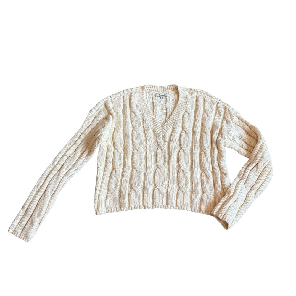 Madewell Cream Pullover Knit Sweater Woven V-Neck Stretch Size Small Women's